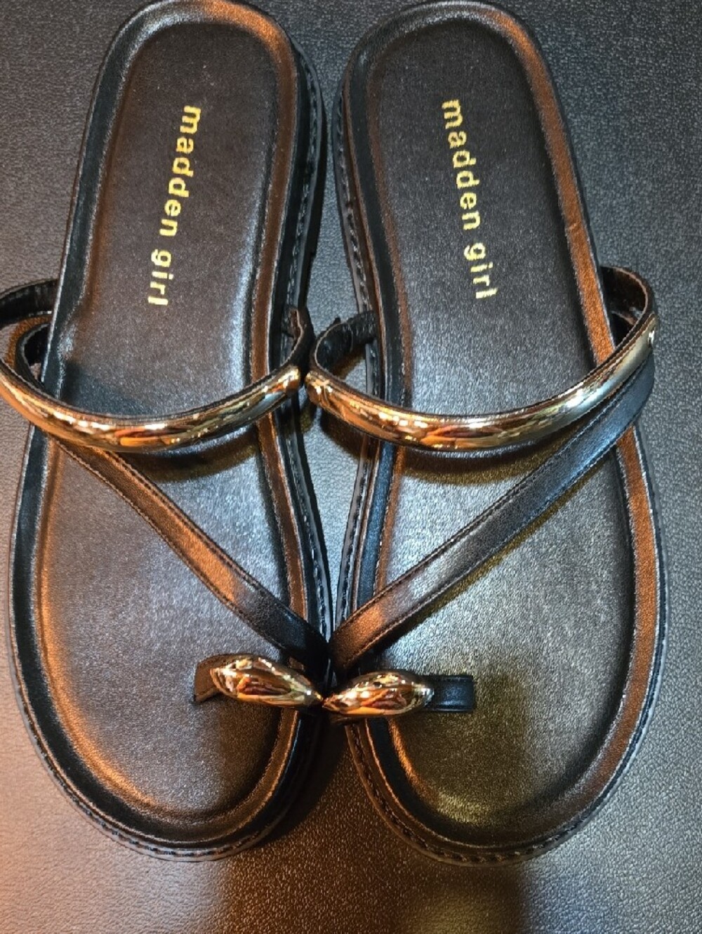 Madden Girl Black Metallic Gold Trim Strappy Sandals